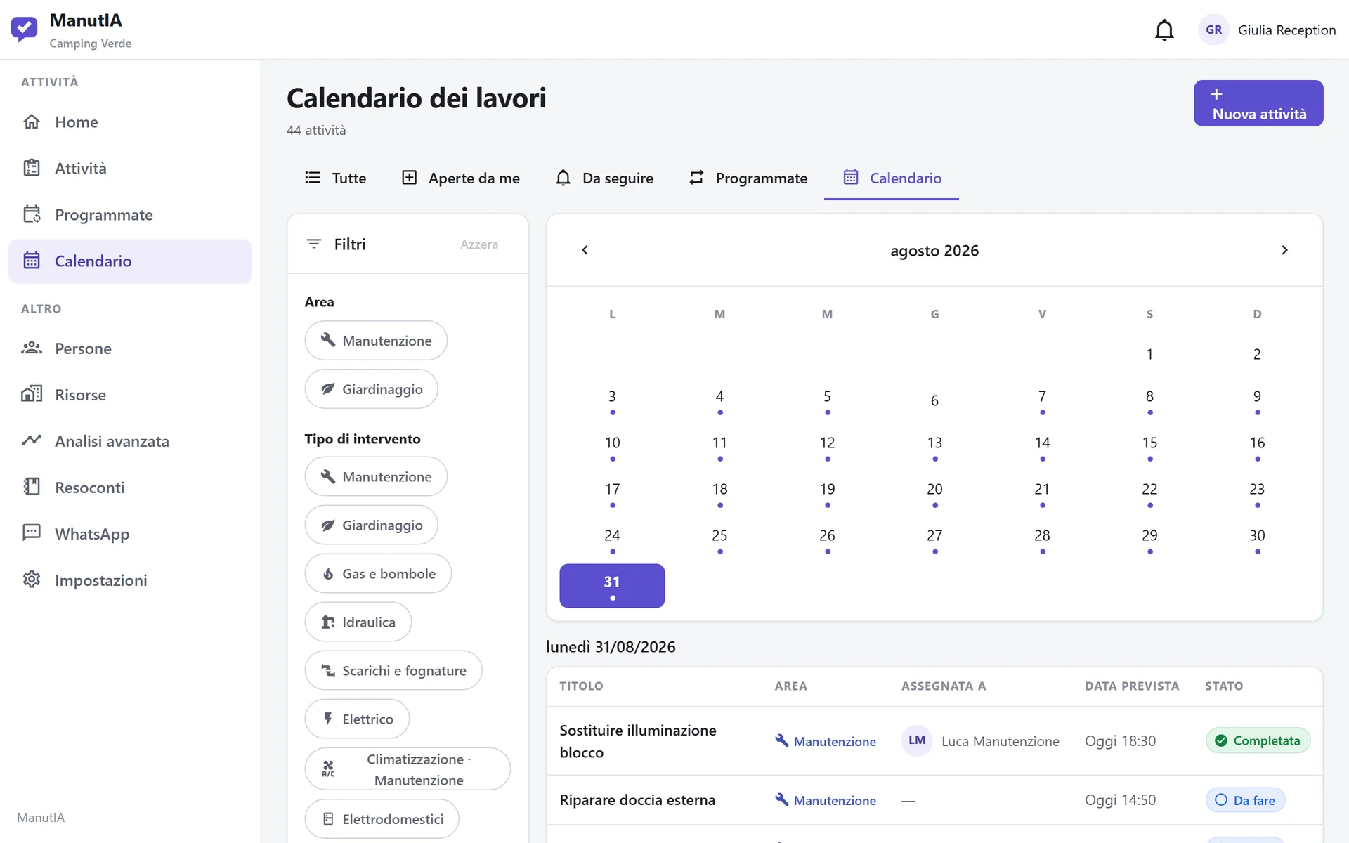 Calendario del mese con le attività di manutenzione previste