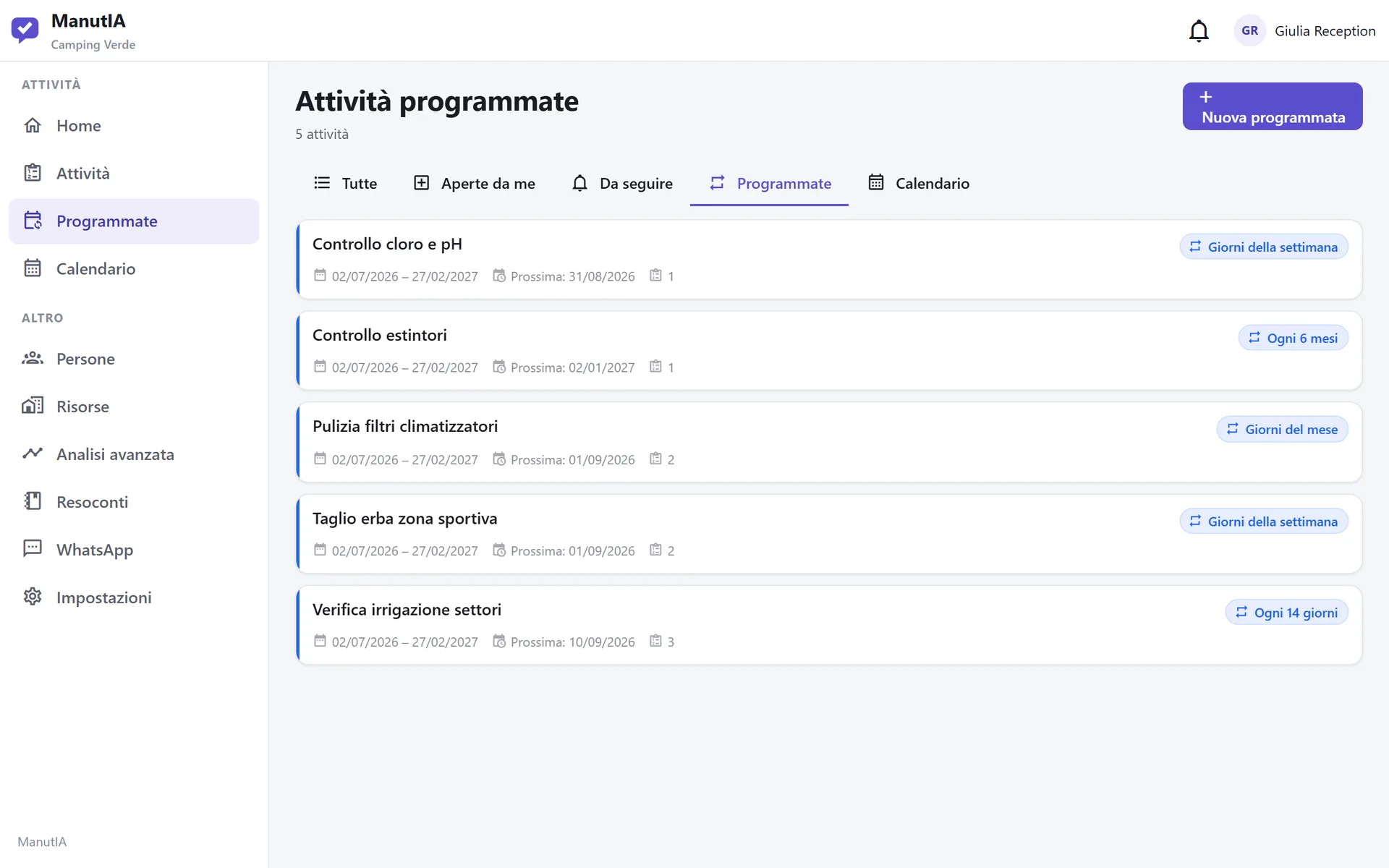 Elenco delle manutenzioni ricorrenti con la cadenza, il periodo e il numero di attività generate