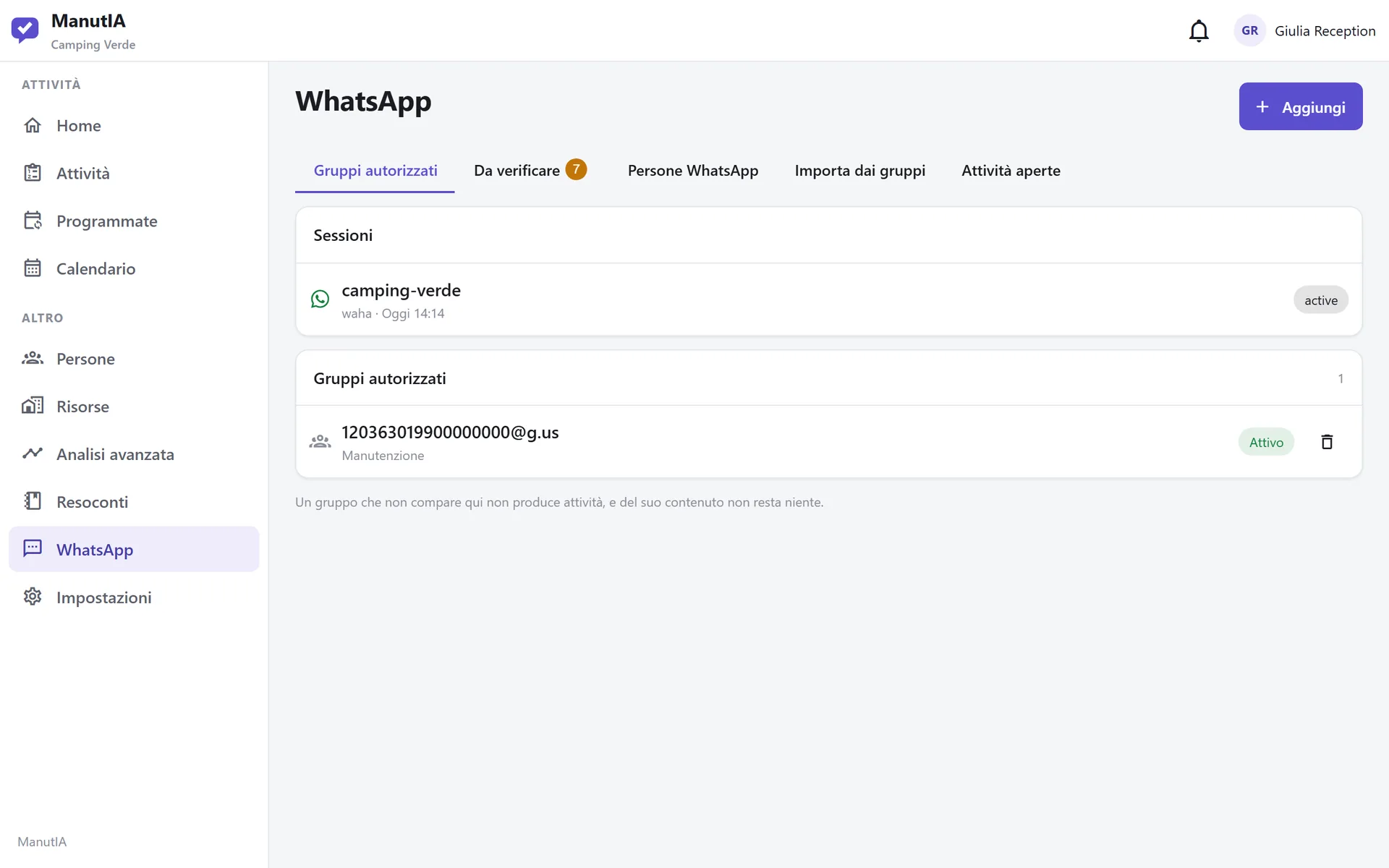 Elenco dei gruppi WhatsApp autorizzati a produrre attività, con la sessione collegata